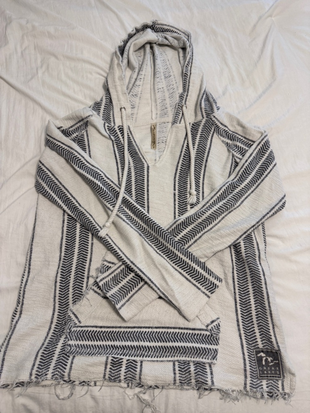 American Threads Cream & Black Striped Hooded Pullover Sweater